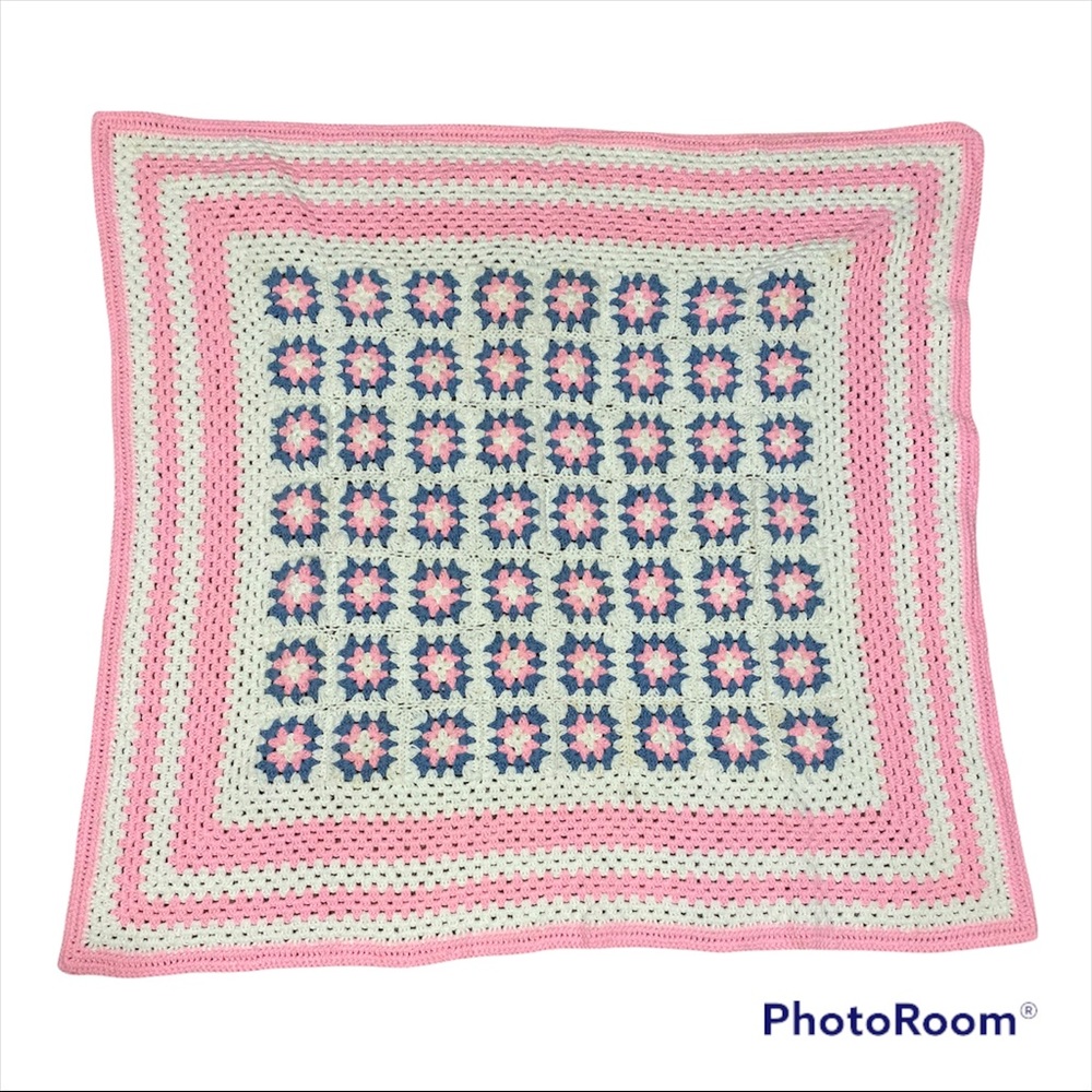 Handmade Granny Square Crochet Blanket Afghan Pink White Blue 50” x 46" Lap Baby